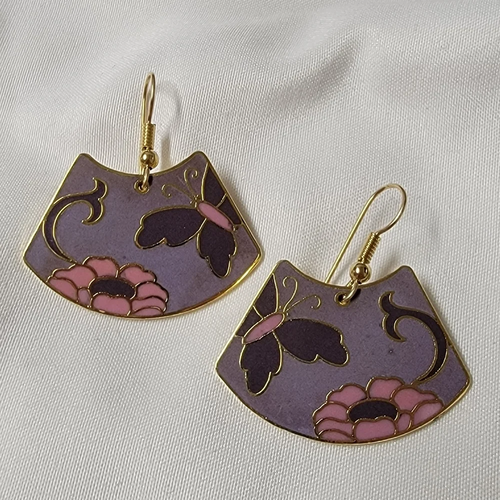 Vintage Samuel Huang Cloisonne Gold Filled Earrings Butterfly and flower